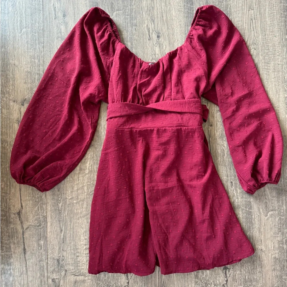 Arula Adelyn Swiss Dot Bow Back Swiss Dot Mini Dress- Cranberry